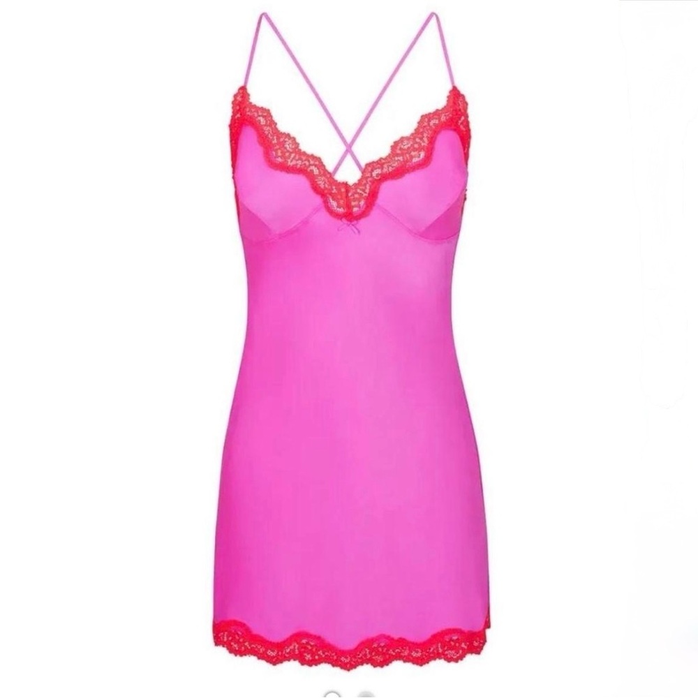 Skims Lace Trimmed Silk Slip Dress - Neon Orchid